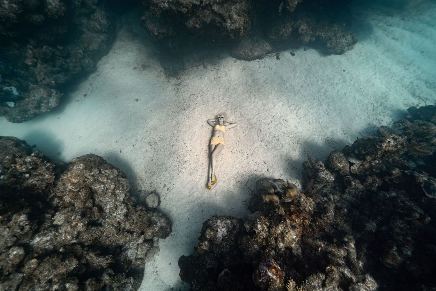 Underwater fashion photo with flowing red dress and nurse sharks swimming in crystal clear turquoise waters.