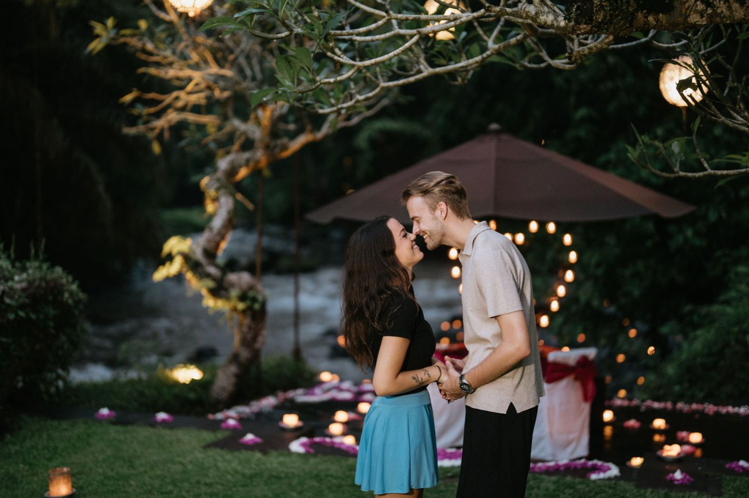 Romantic couple photoshoot with nature and candlelit background at Ubud Bali