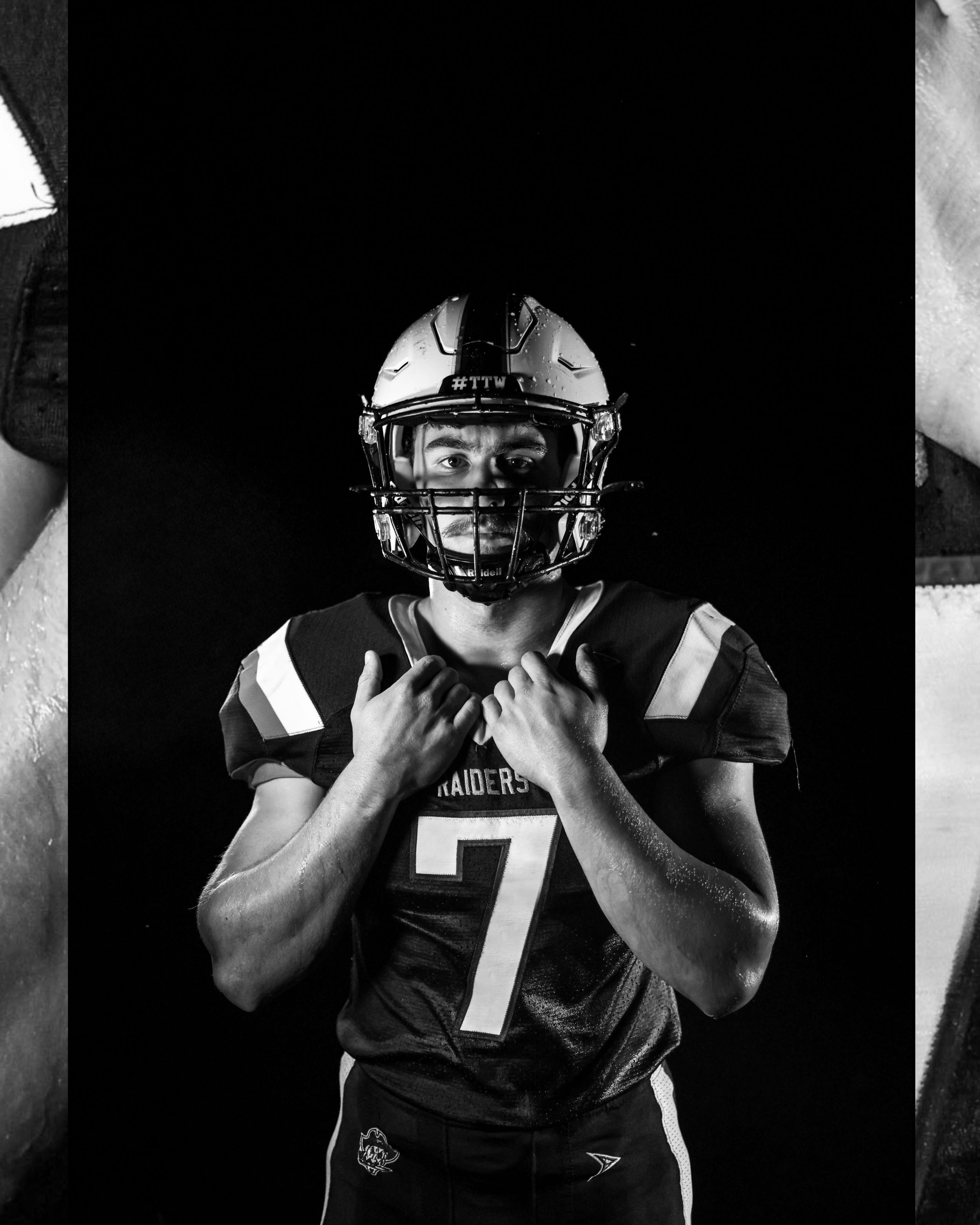 Black and white photo of a football player wearing jersey number 7 and helmet for the Raiders team.