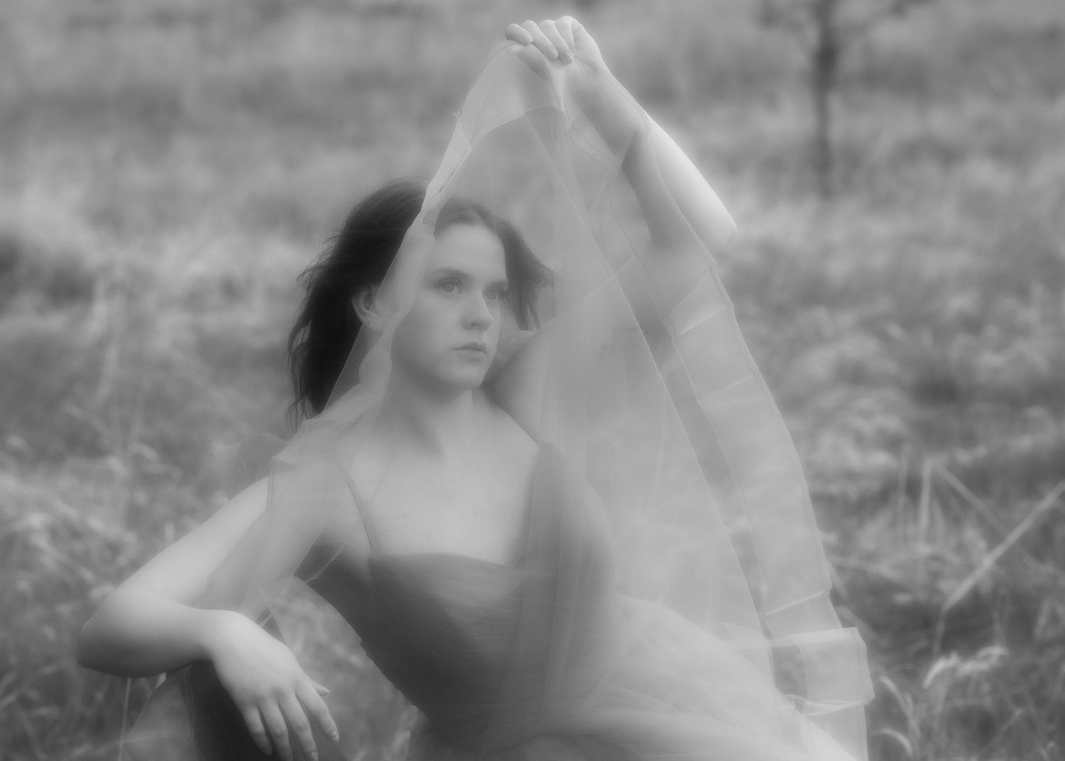 Black and white artistic photo of woman sitting in field holding sheer veil overhead.