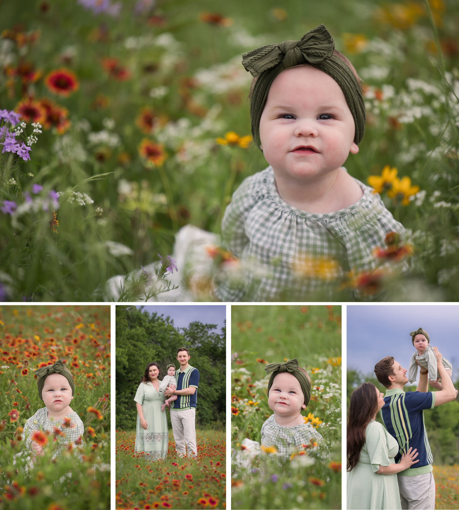 A field of vibrant wildflowers blooms with colorful poppies, daisies and native plants while a sweet head bow adds charm.