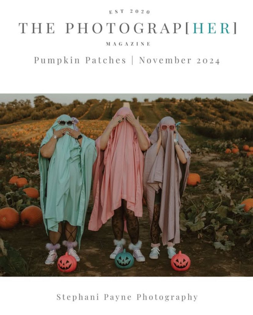 Three ghostly figures in pastel cloaks stand in a pumpkin patch with glowing jack-o-lanterns at their feet.