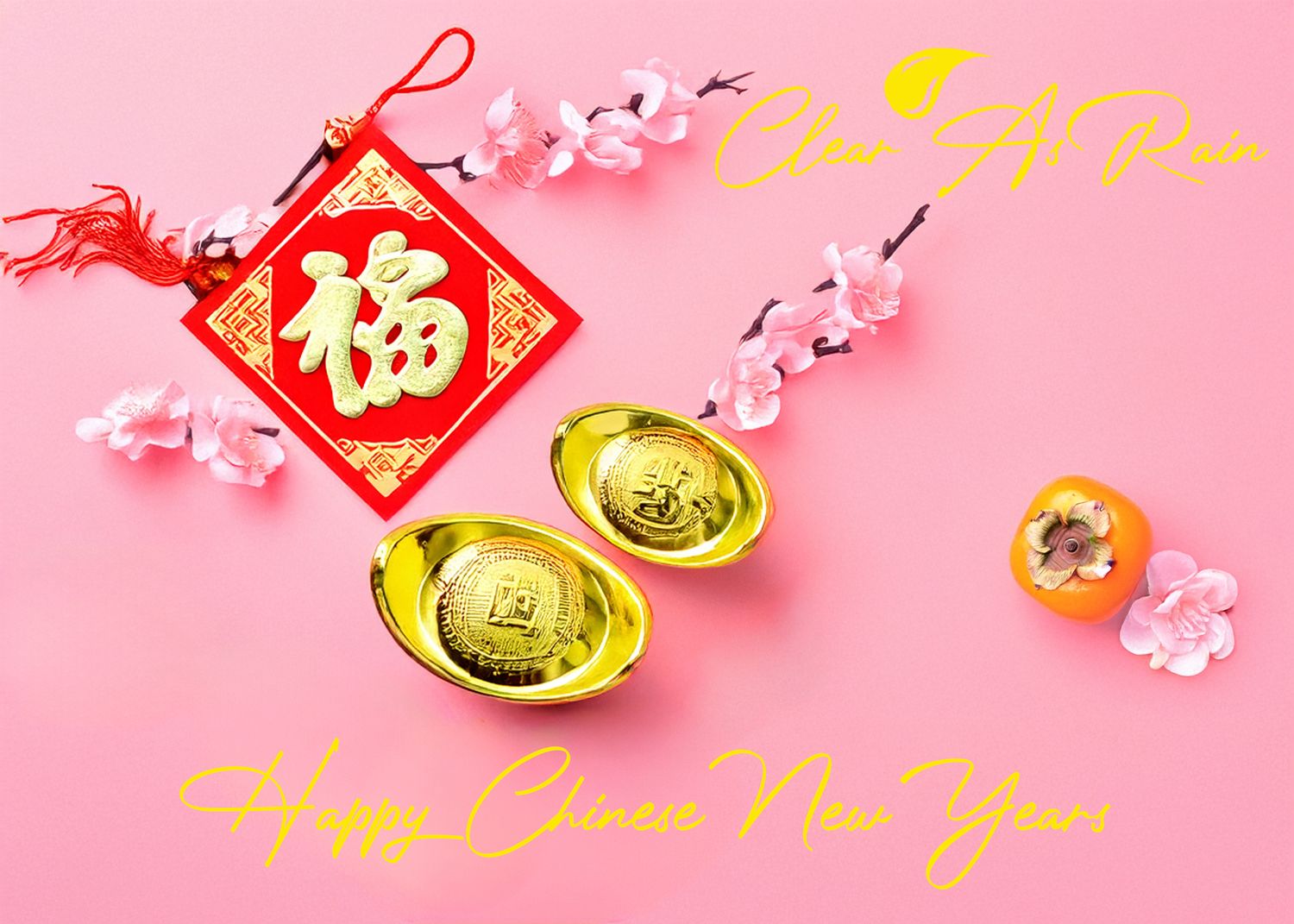 Chinese New Year decorations with red Fu character, gold ingots and pink cherry blossoms on pink background.