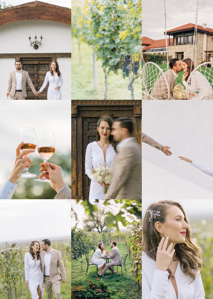 Wedding photo collage showing romantic moments between couple at rustic outdoor venue.