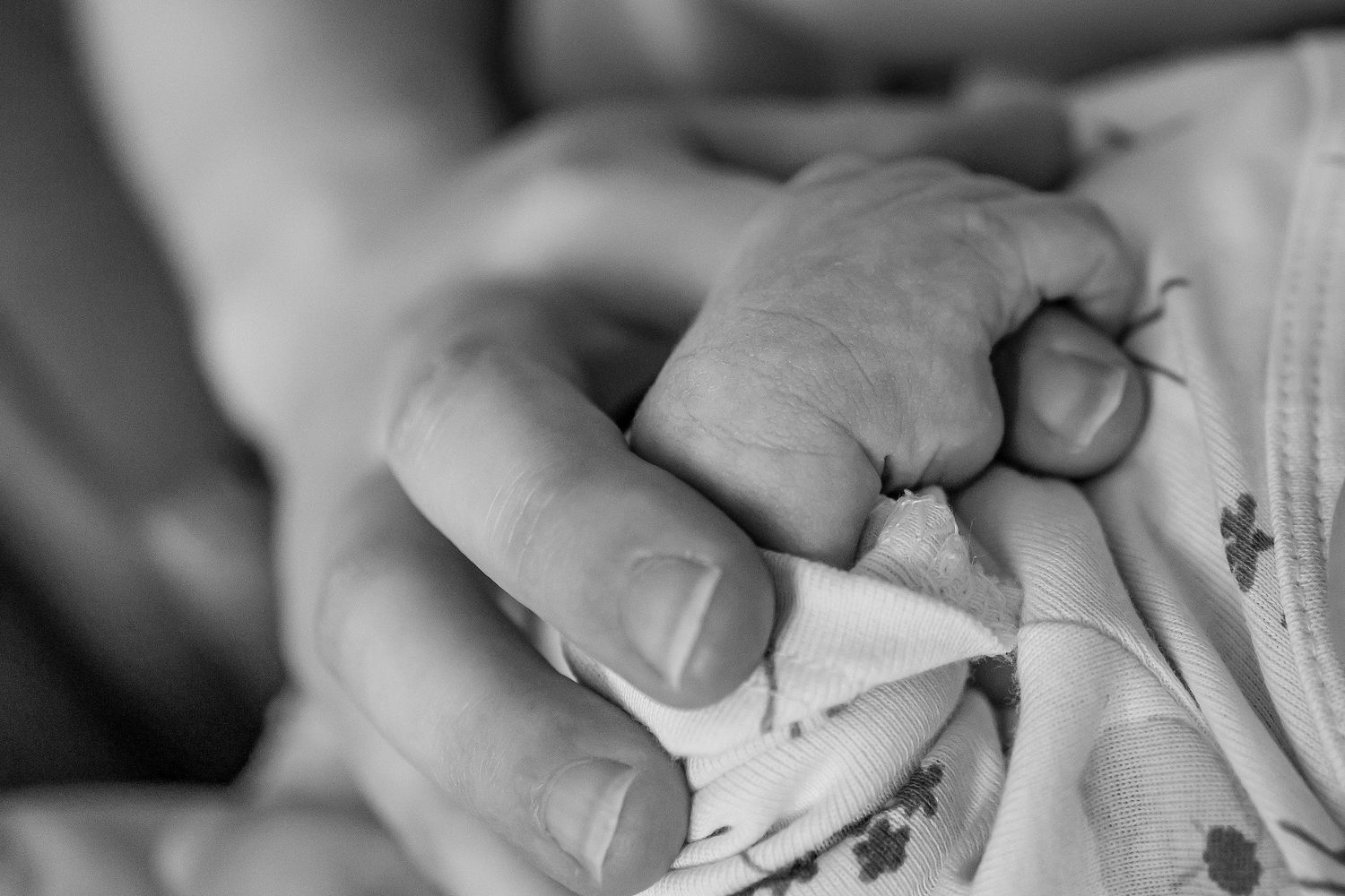 close up black and white image of a newborn hand wrapped around an adult's pointer finger