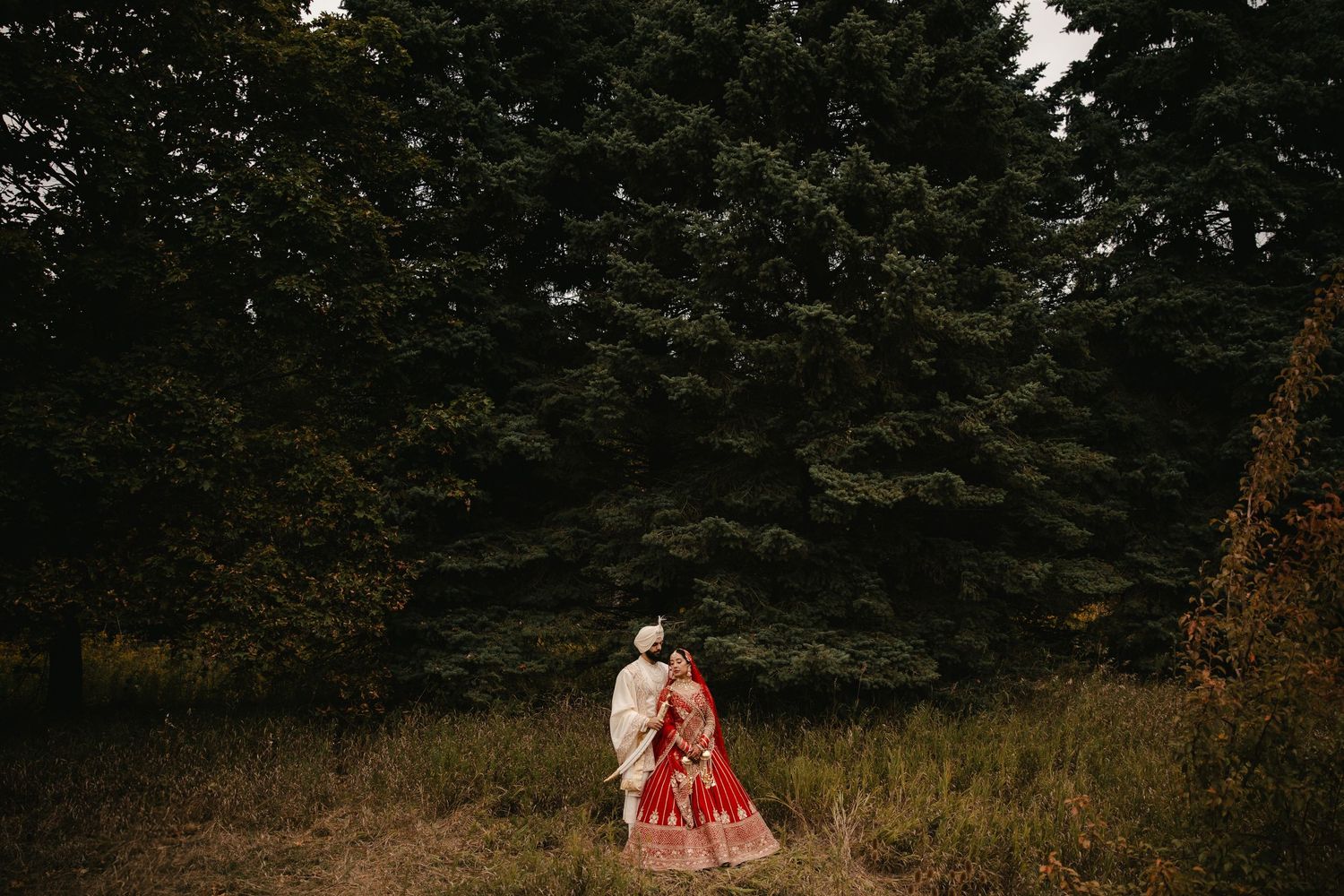 A couple in traditional Indian wedding attire stands embracing in a lush forest clearing surrounded by tall evergreen trees.