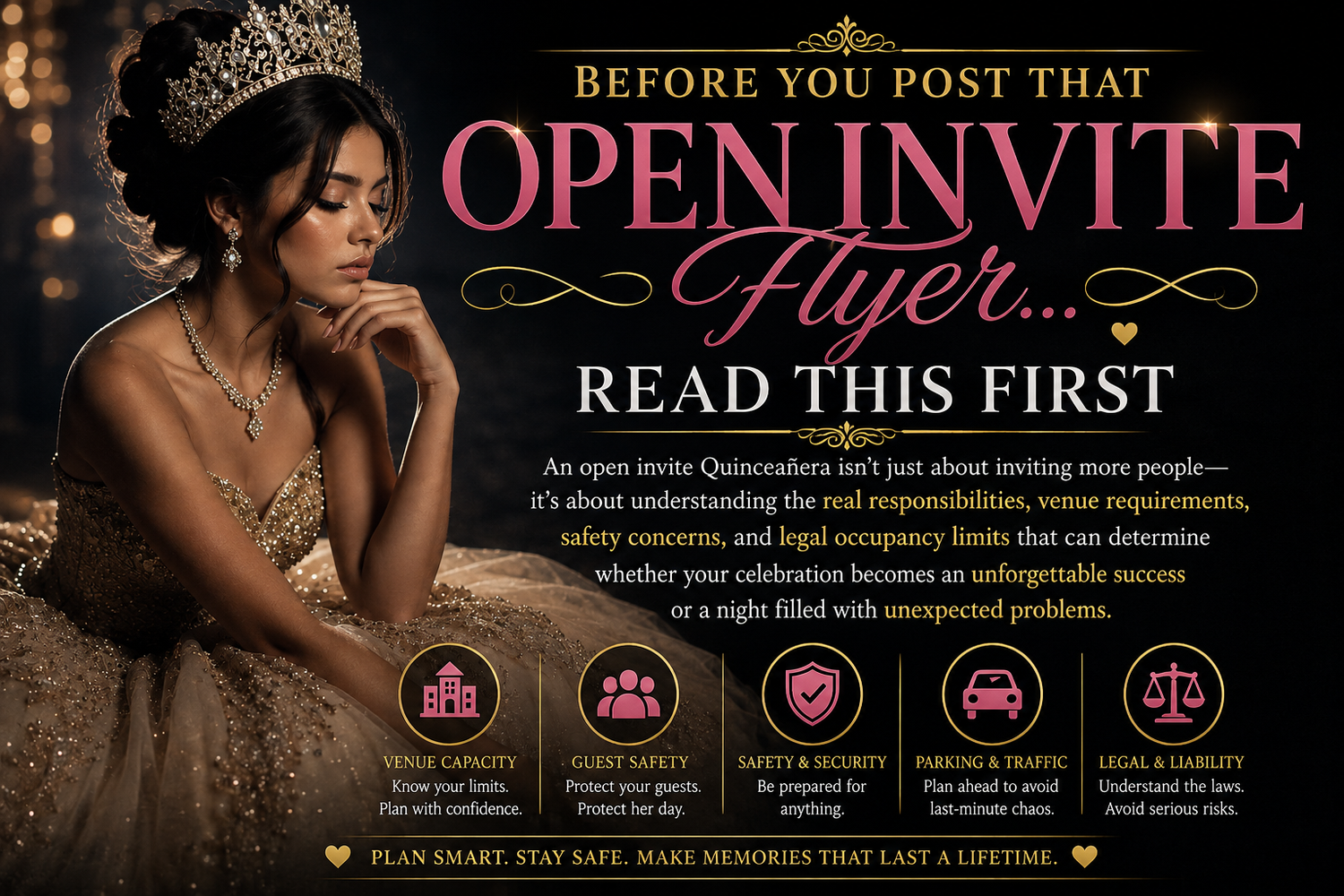 Open invite Quinceañera invitation shared online with quince planning checklist, quince planner, guest list, venue, RSVP planning tips