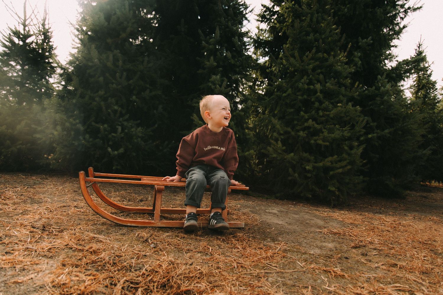 Lachende peuter zit op een houten slee tijdens kerstshoot | Kerstshoot in Kruisem