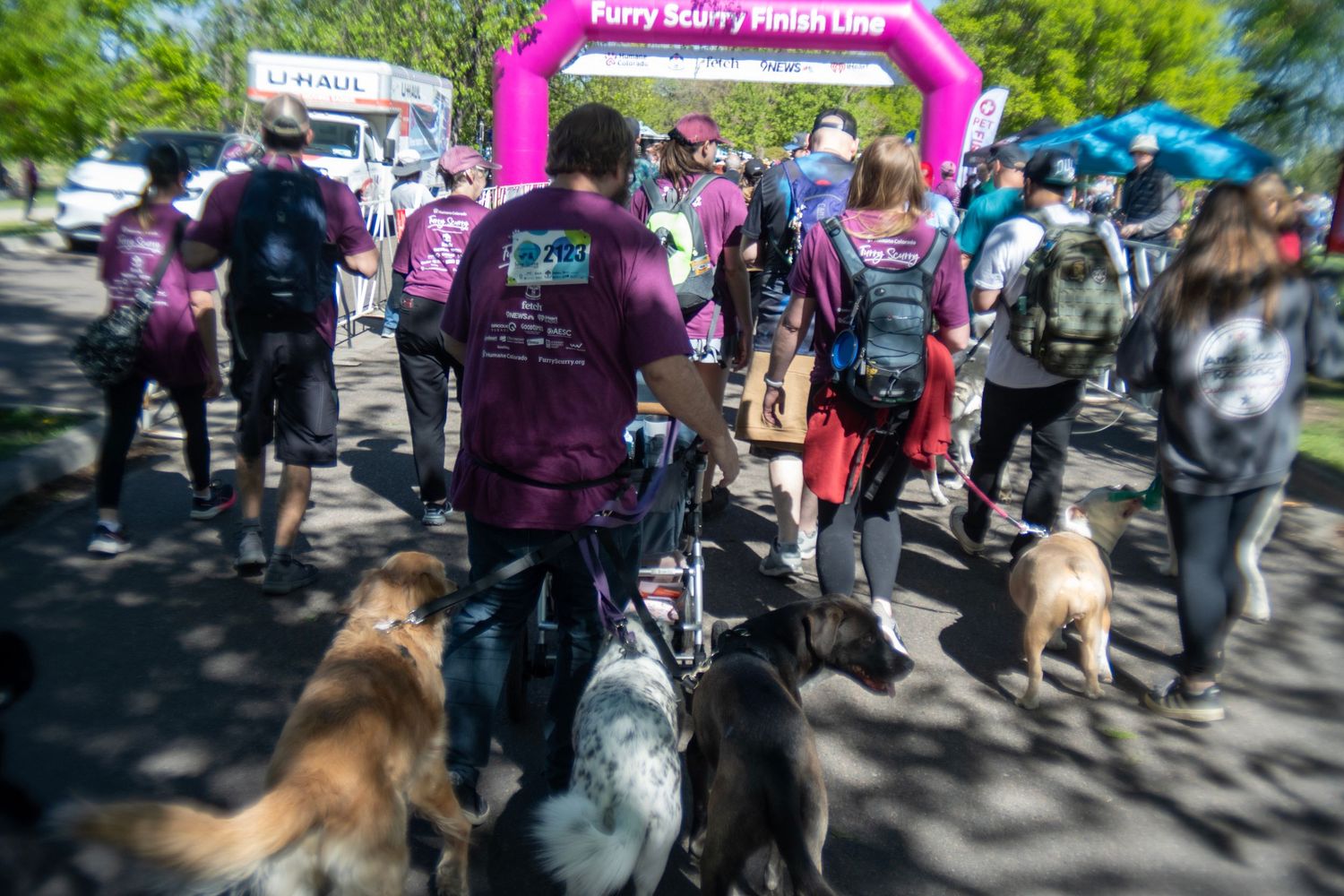 Crowd of people and dogs walking through a pink charity finish line arch at a Furry Scurry pet walk event.
