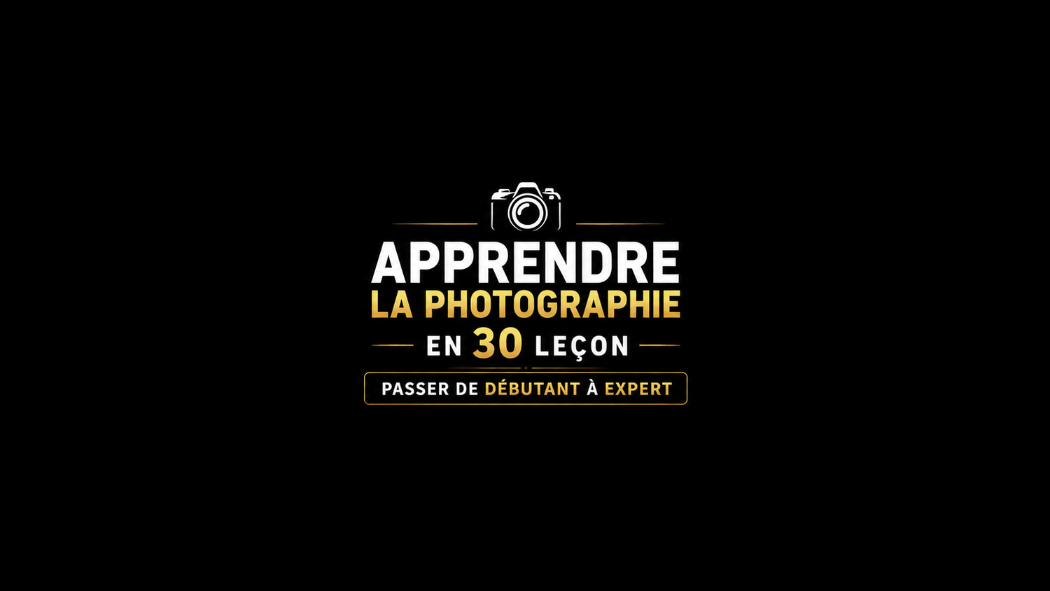 French photography course poster offering 30 lessons to go from beginner to expert, featuring a camera icon on black background.