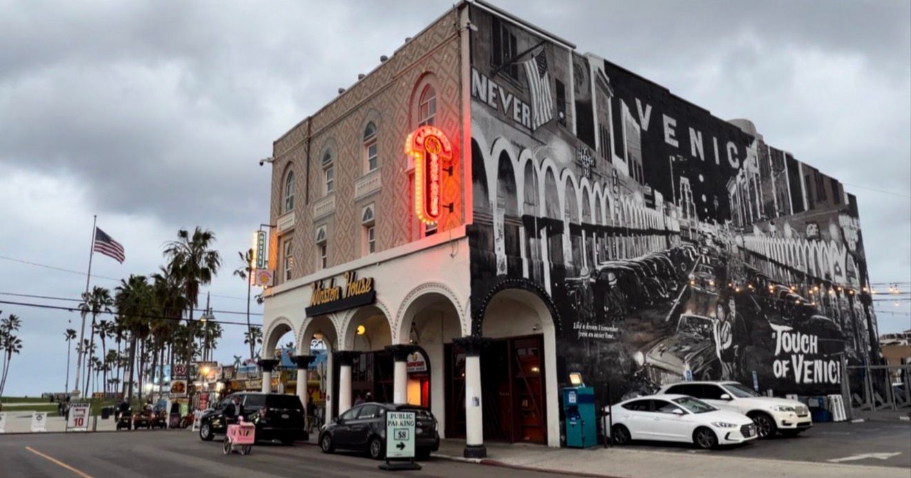 Panoramic view of historic brick buildings along a commercial street with parked cars and cloudy skies.