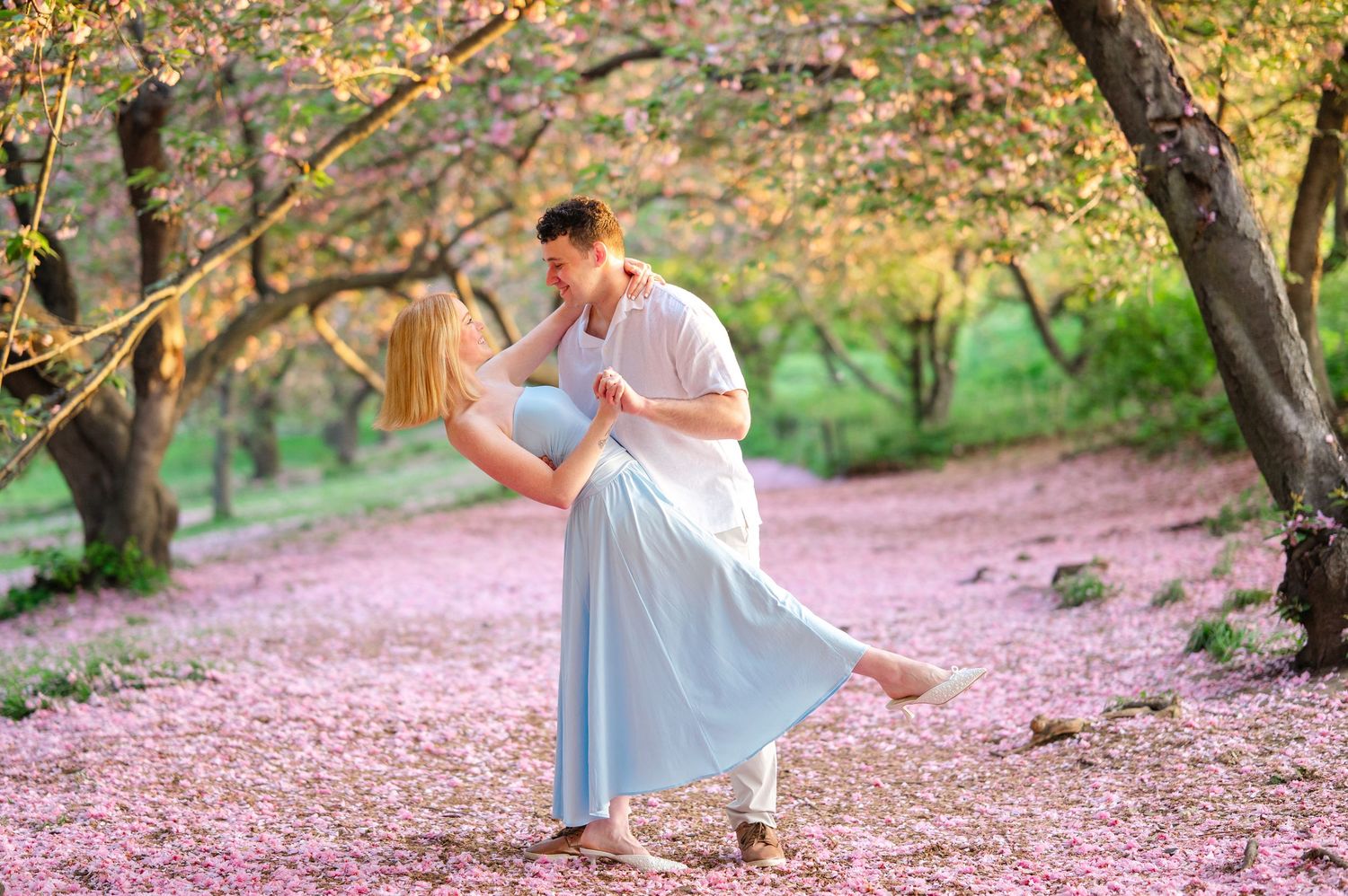 Couple dancing under blooming pink cherry blossom trees on a petal-covered Bridle Path in Central Park in May during an engagement session.