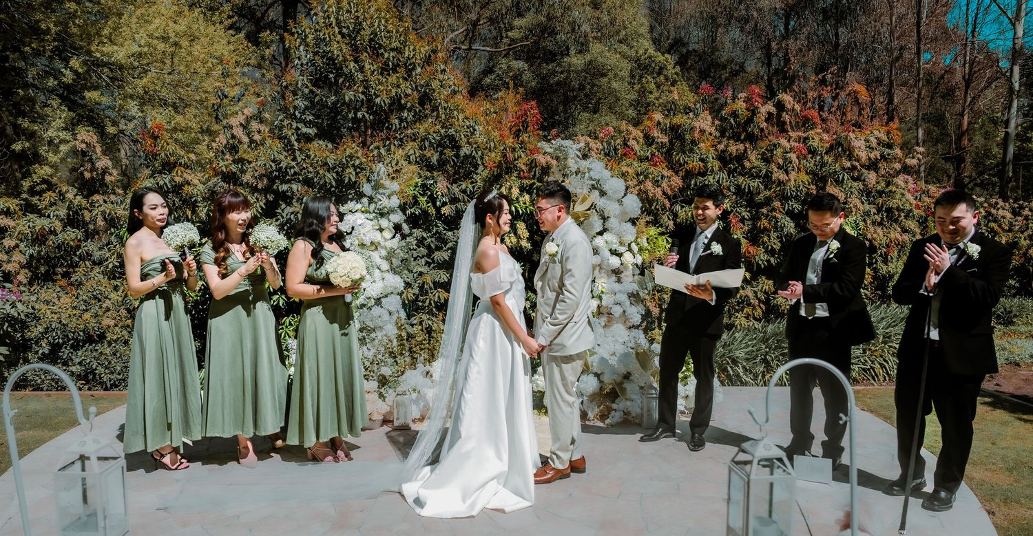 Multiple wedding party photos arranged in a horizontal panoramic collage showing outdoor ceremony and formal group shots.