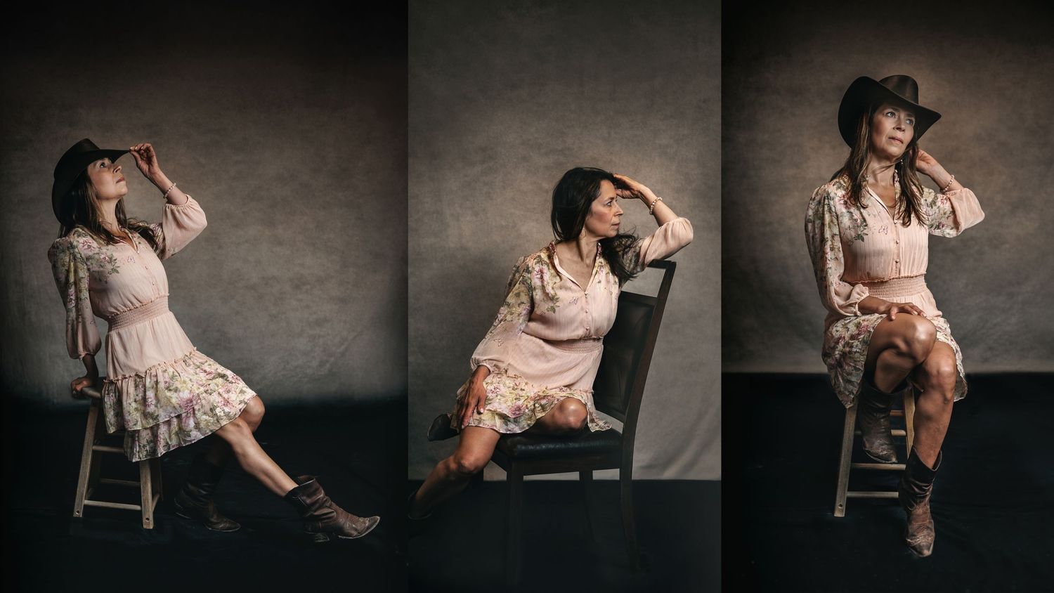 A series of connected sepia-toned portrait photographs showing soft, romantic poses on an antique chair.