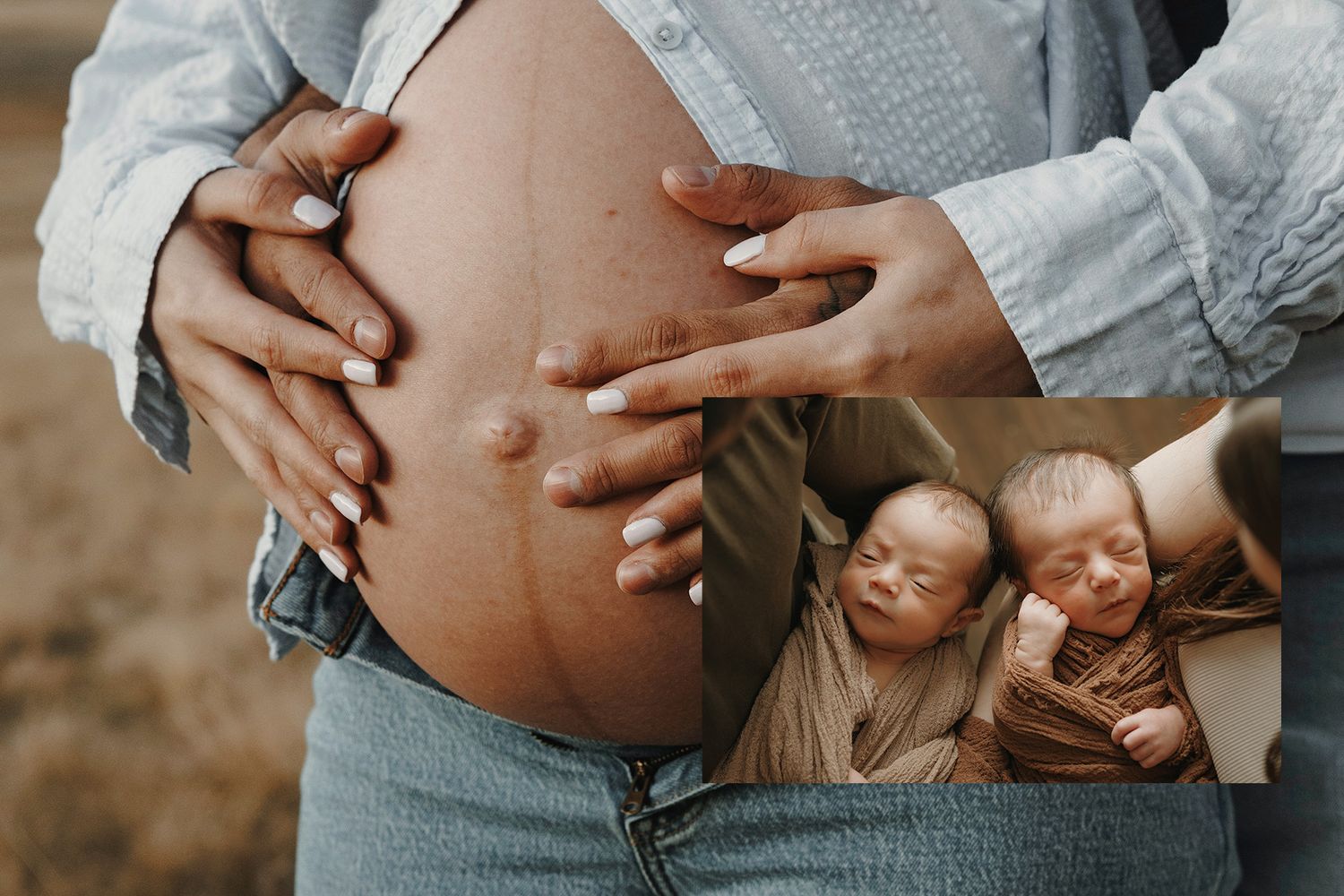 Composite image of a pregnant woman cradling her baby bump alongside a photo of newborn twins.