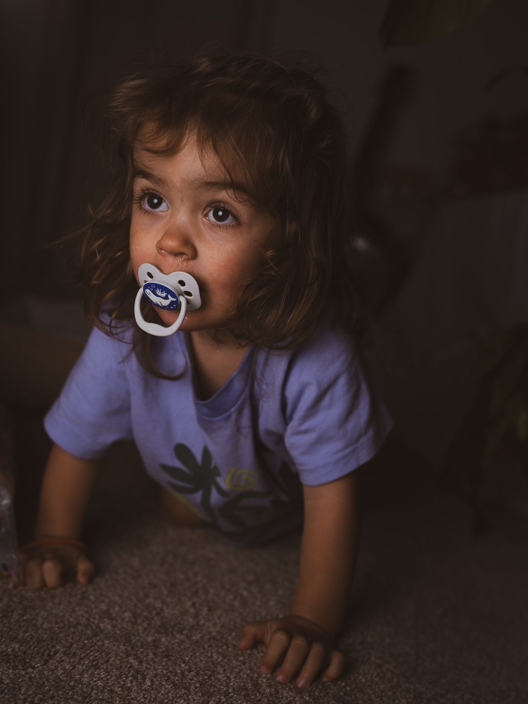 Toddler wearing purple shirt with pacifier crawls on carpeted floor in dimly lit room with curious expression.