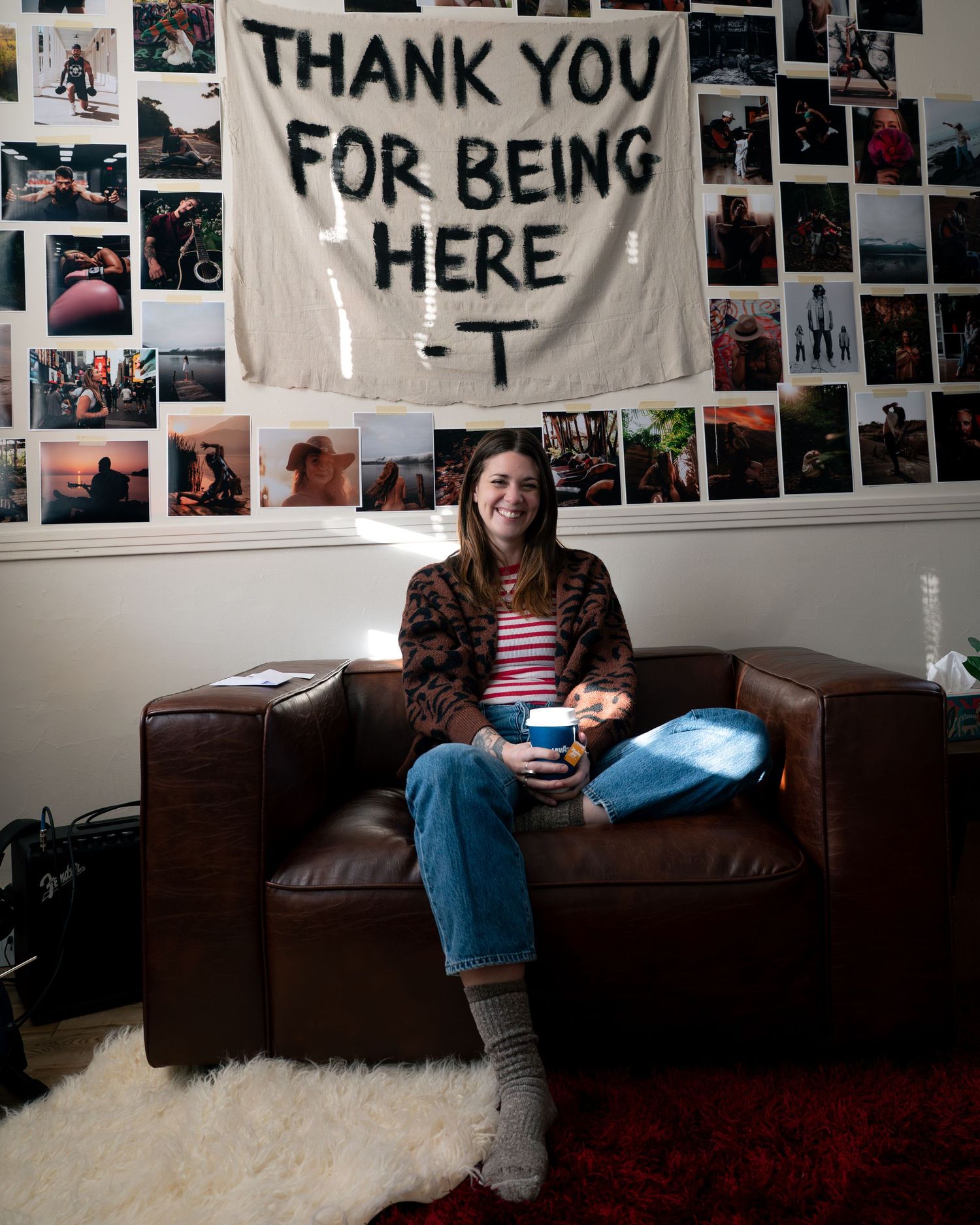 A sequence of photos shows someone sitting on a brown leather couch with a wall of photos and text banners behind them.
