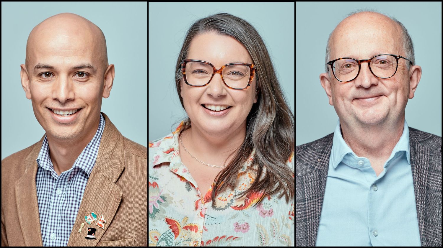 Professional corporate headshots of three professionals in business attire against neutral backgrounds.