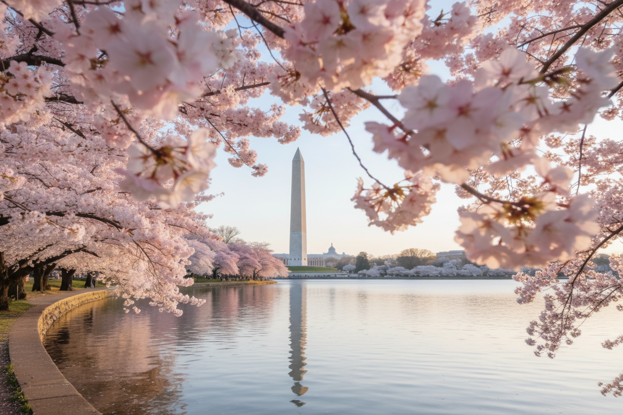 Cherry blossoms frame the Washington Monument reflecting in the Tidal Basin during peak bloom in Washington DC. Flying Dress Photoshoot