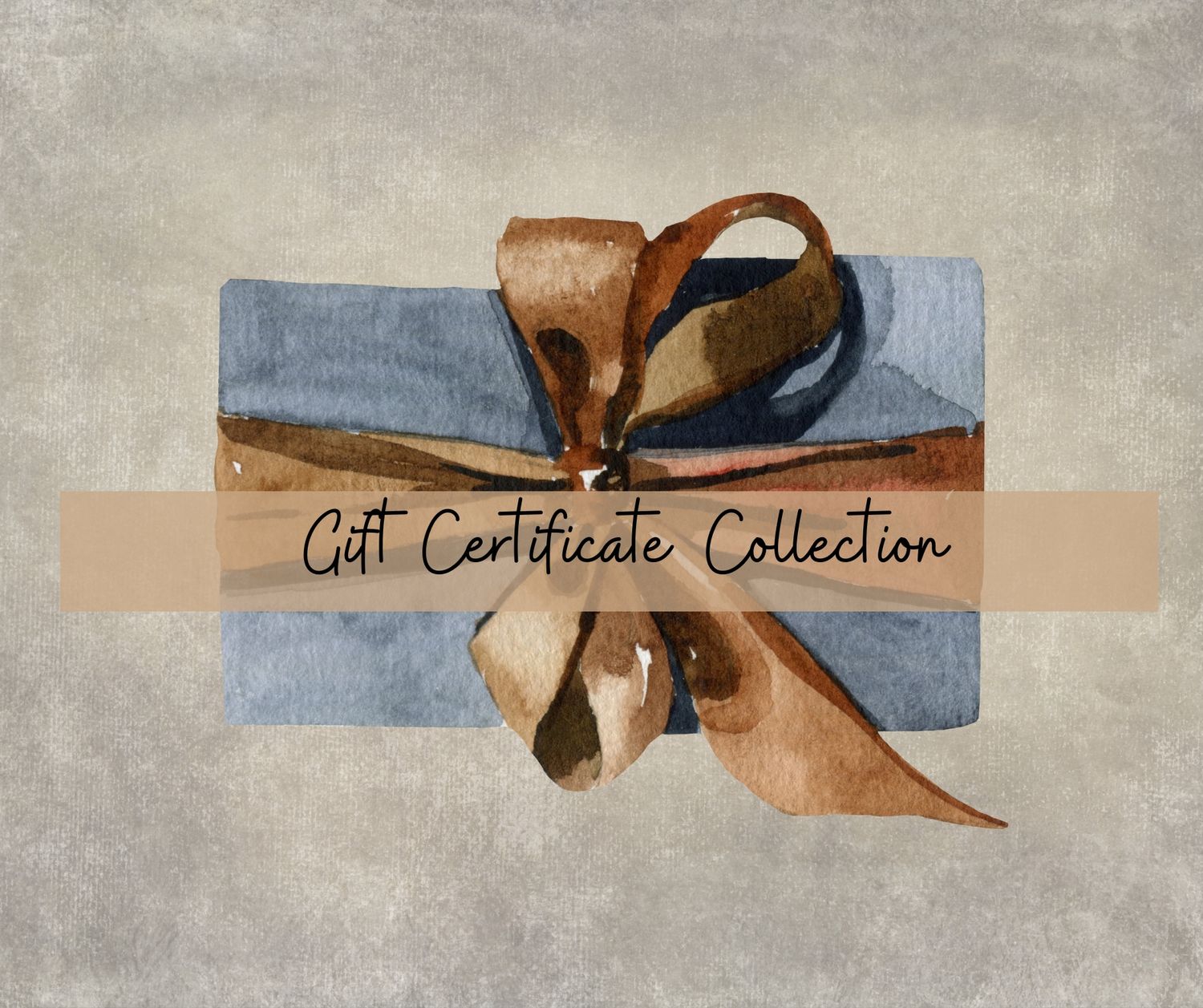 A series of decorative gift certificates with brown ribbons arranged in a row against a textured beige background.