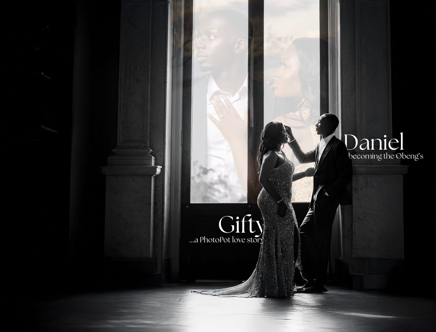 A silhouetted couple in an elegant pose stands in a doorway with dramatic lighting creating a romantic wedding moment.