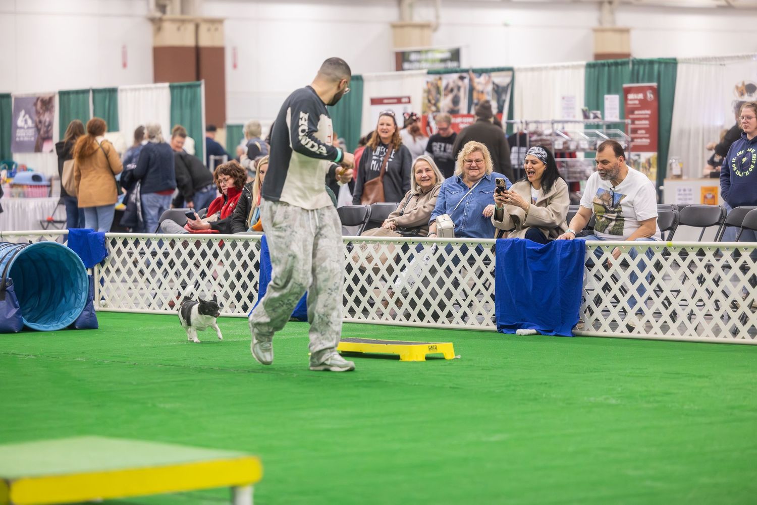 Dogs and handlers compete in an indoor agility competition on artificial turf with white fencing barriers.