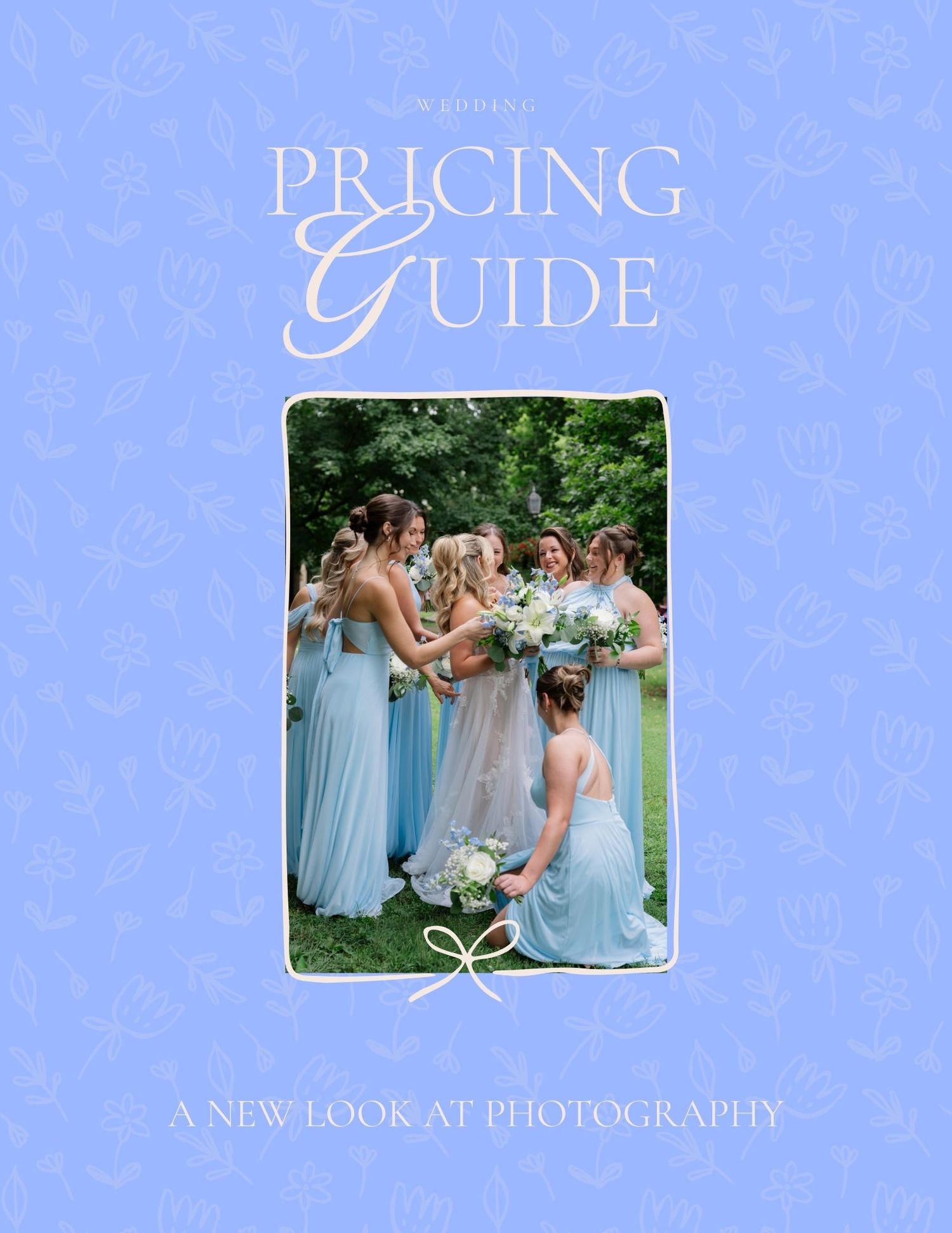 A blue wedding photography pricing guide cover showing bridesmaids in light blue dresses gathered outdoors.