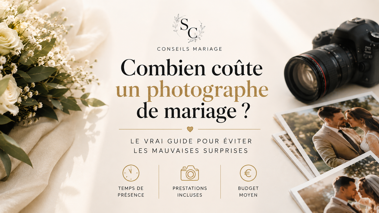 Guide sur les coûts des photographes de mariage en France, comprenant un appareil photo Canon, un arrangement floral, des photos de couple e