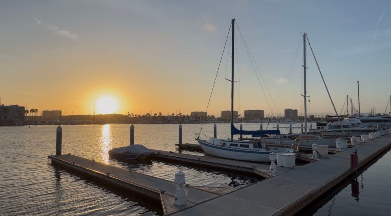 Sailboats docked at a marina pier during a golden sunset over calm water with city skyline silhouette.