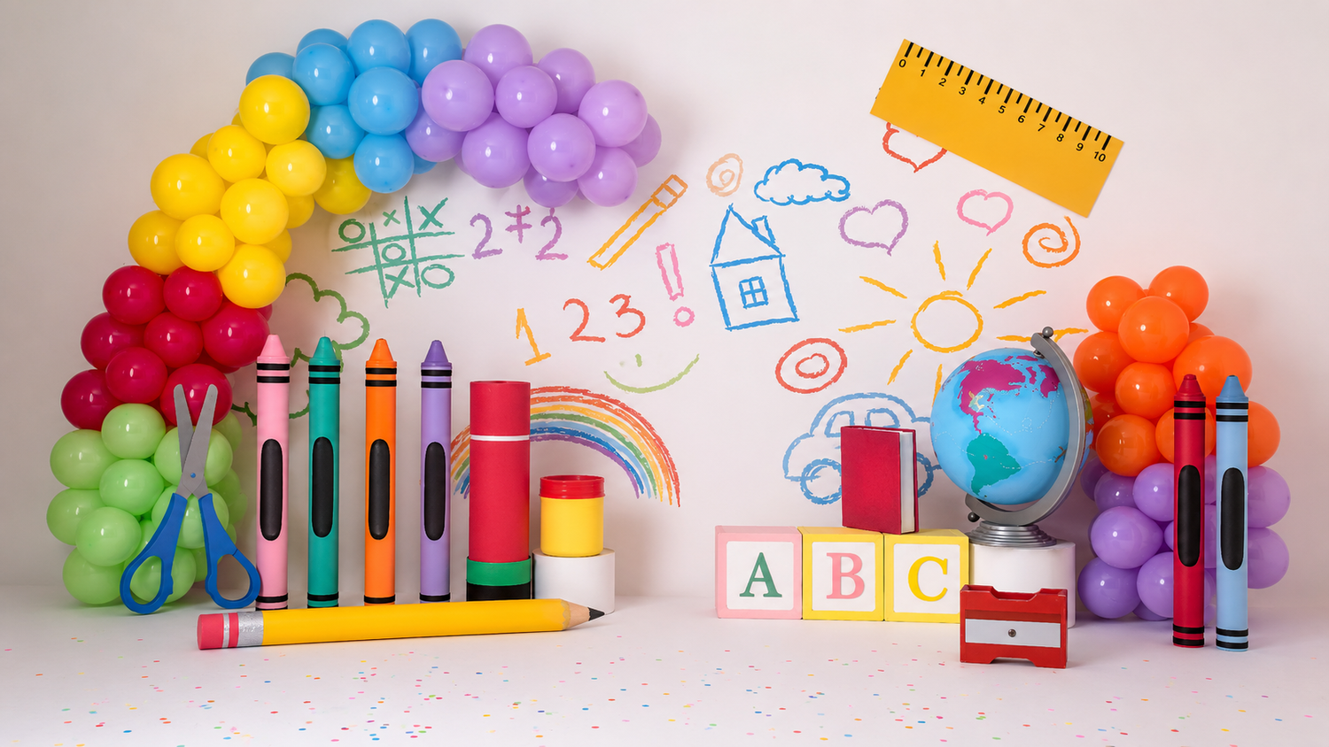 A child poses in a colorful back-to-school photo setup with balloons, giant crayons, ABC blocks, and a globe.