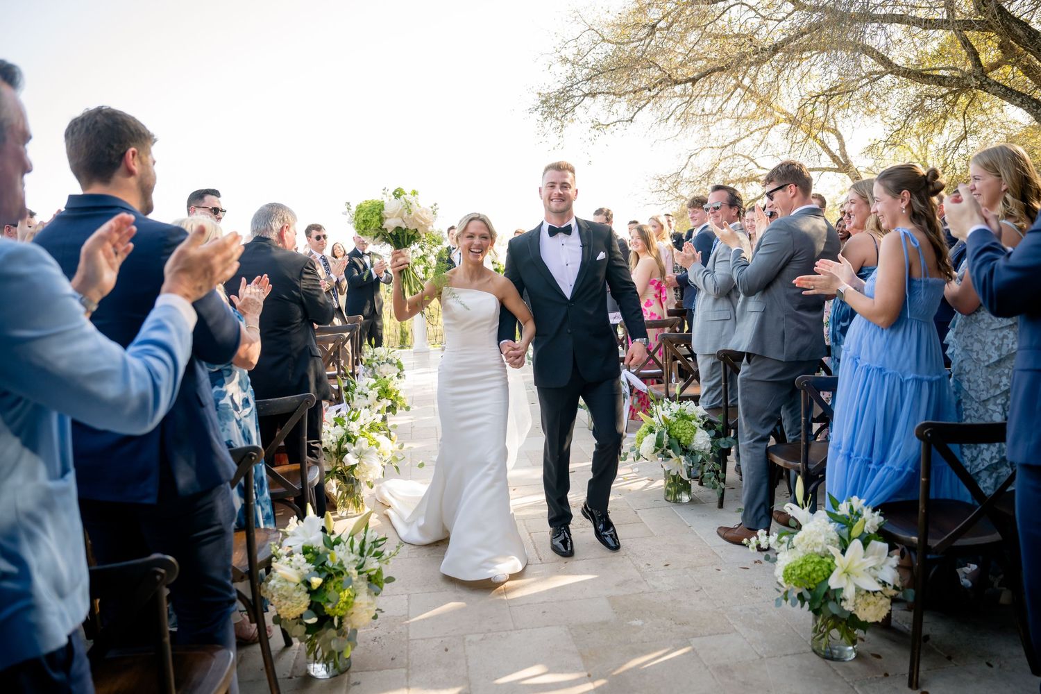 A sequence of wedding celebration photos showing guests reacting emotionally during an outdoor ceremony.