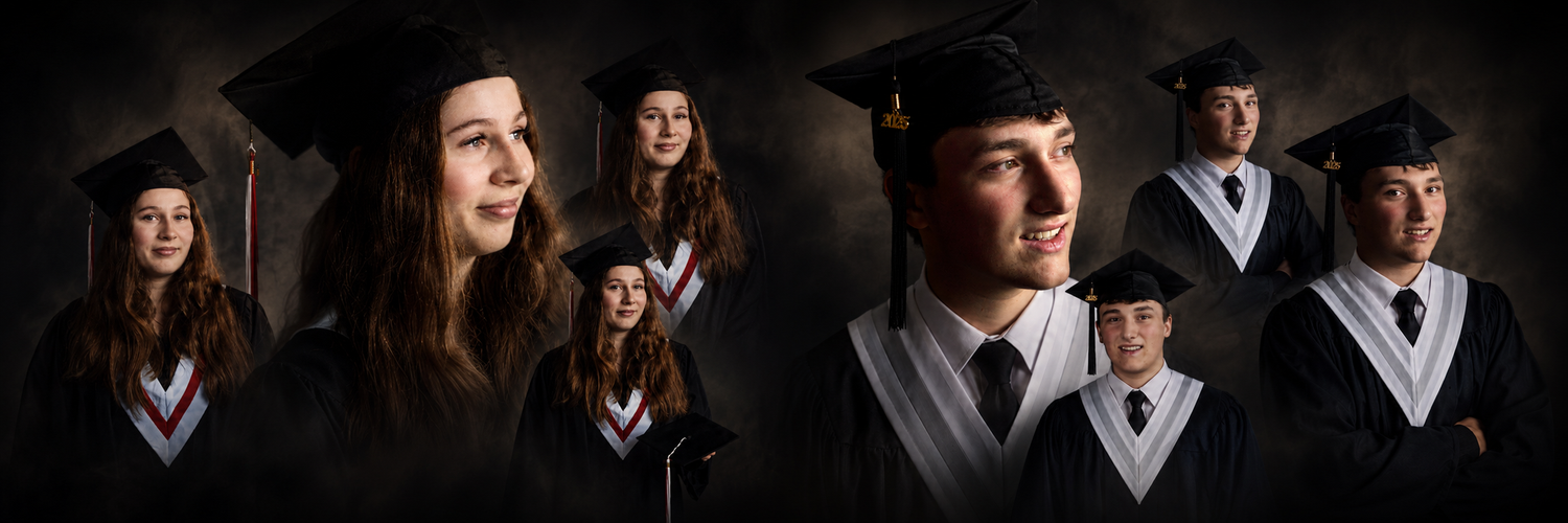 Graduates in caps and gowns pose for professional studio portraits against a dark background at south shore Halifax Photography studio