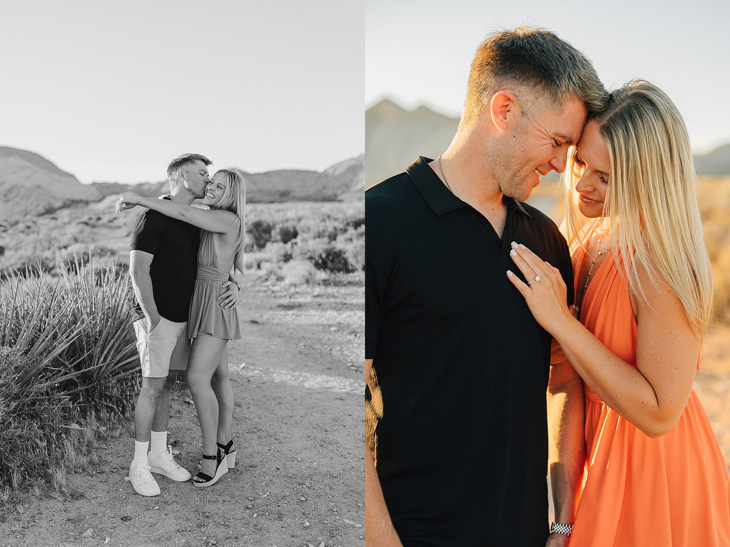 Couple embracing in desert landscape, shown in black-and-white and warm golden-hour color photos.