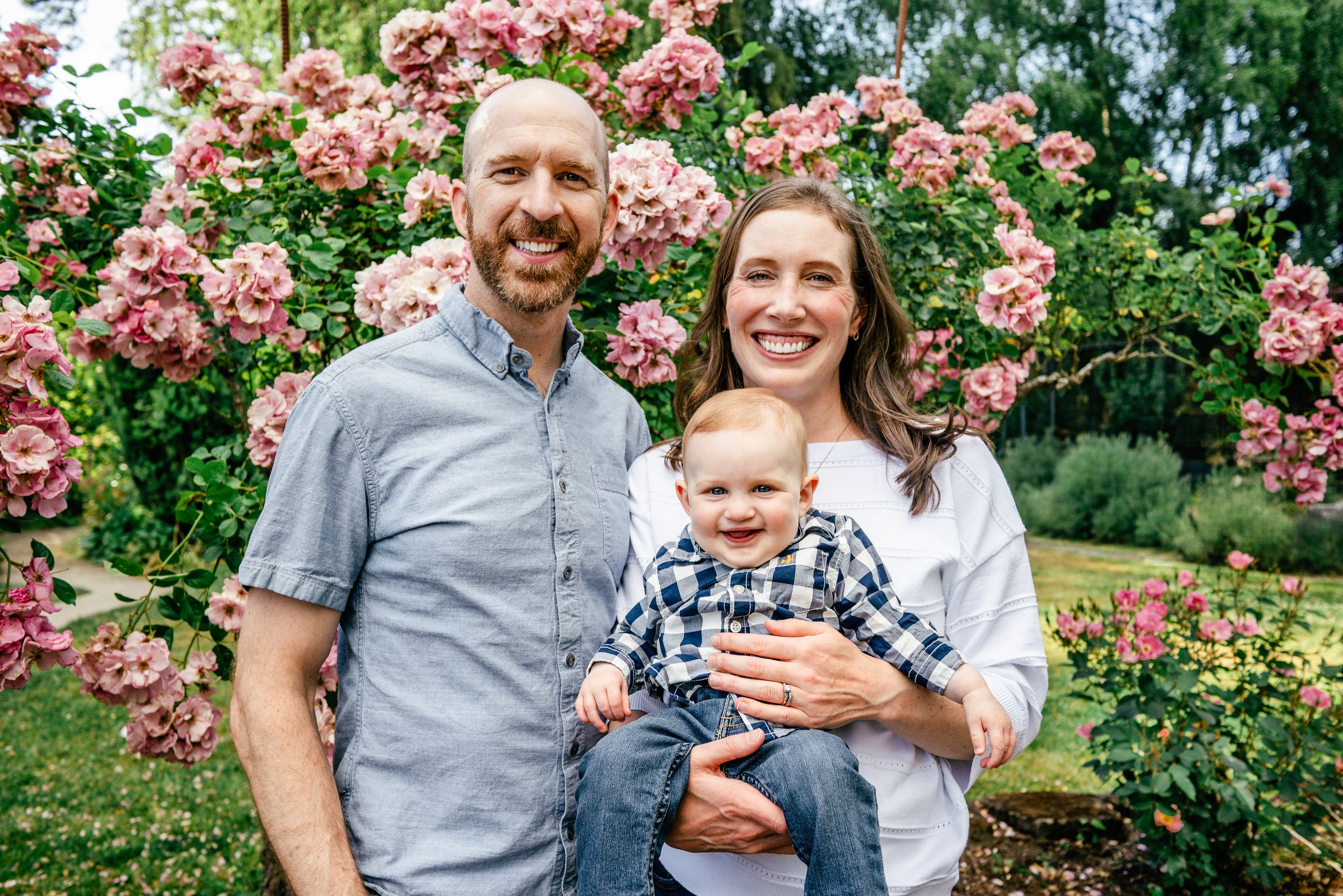 Mother, father, and six-month-old baby posing in front of pink roses at Point Defiance Rose Garden