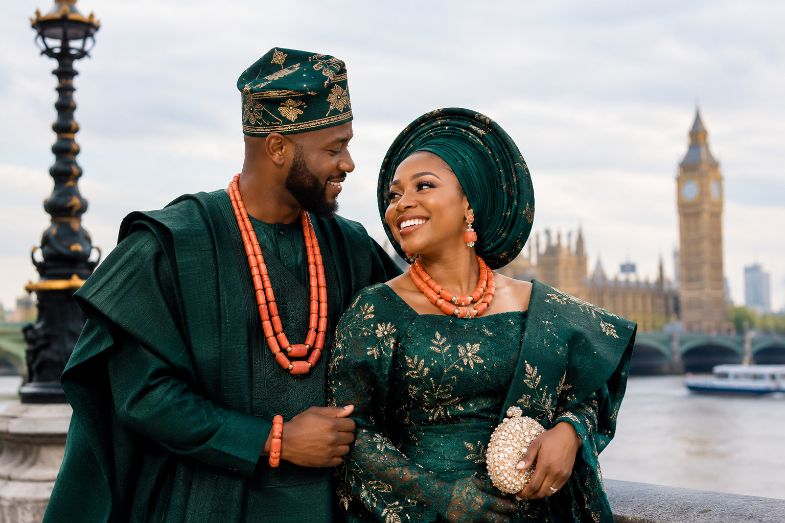 Couple in traditional attire poses by Oxford river with Radcliffe Camera dome at golden sunset.