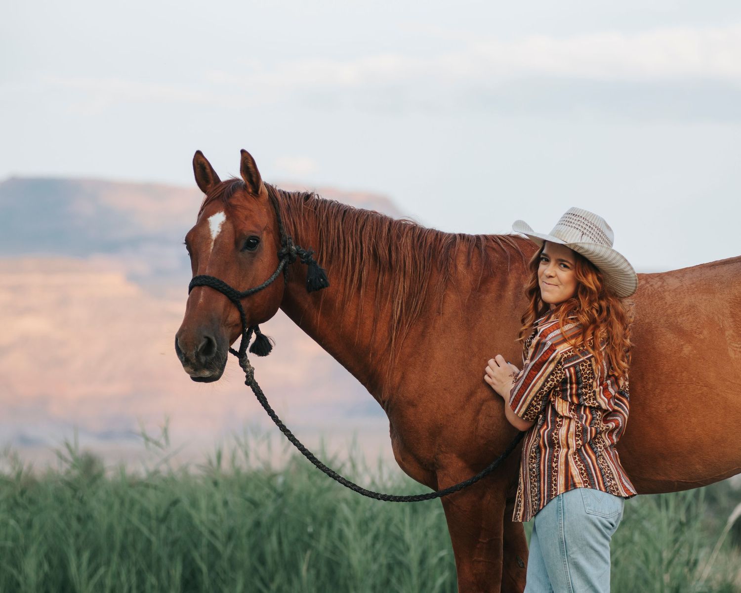 A chestnut horse and rider against a serene mountain landscape backdrop.