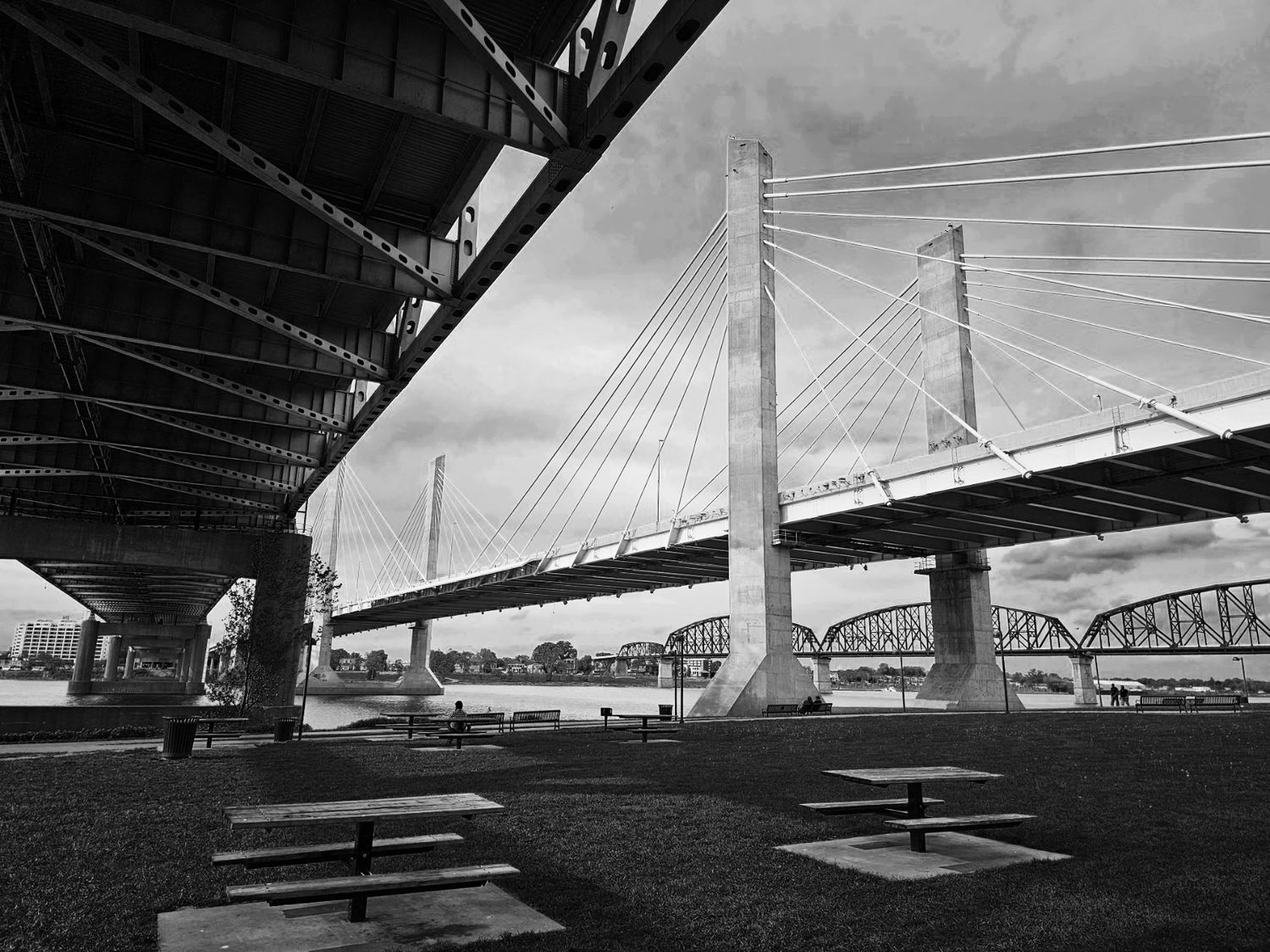 Black and white architectural shot of cable-stayed bridge with picnic tables underneath.