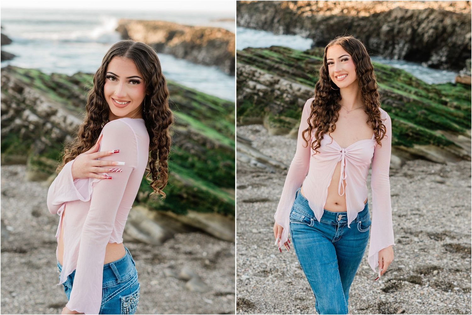 slo high senior during her senior session in a light pink long sleeved shirt at Montana de Oro in Los Osos, CA in front of the ocean