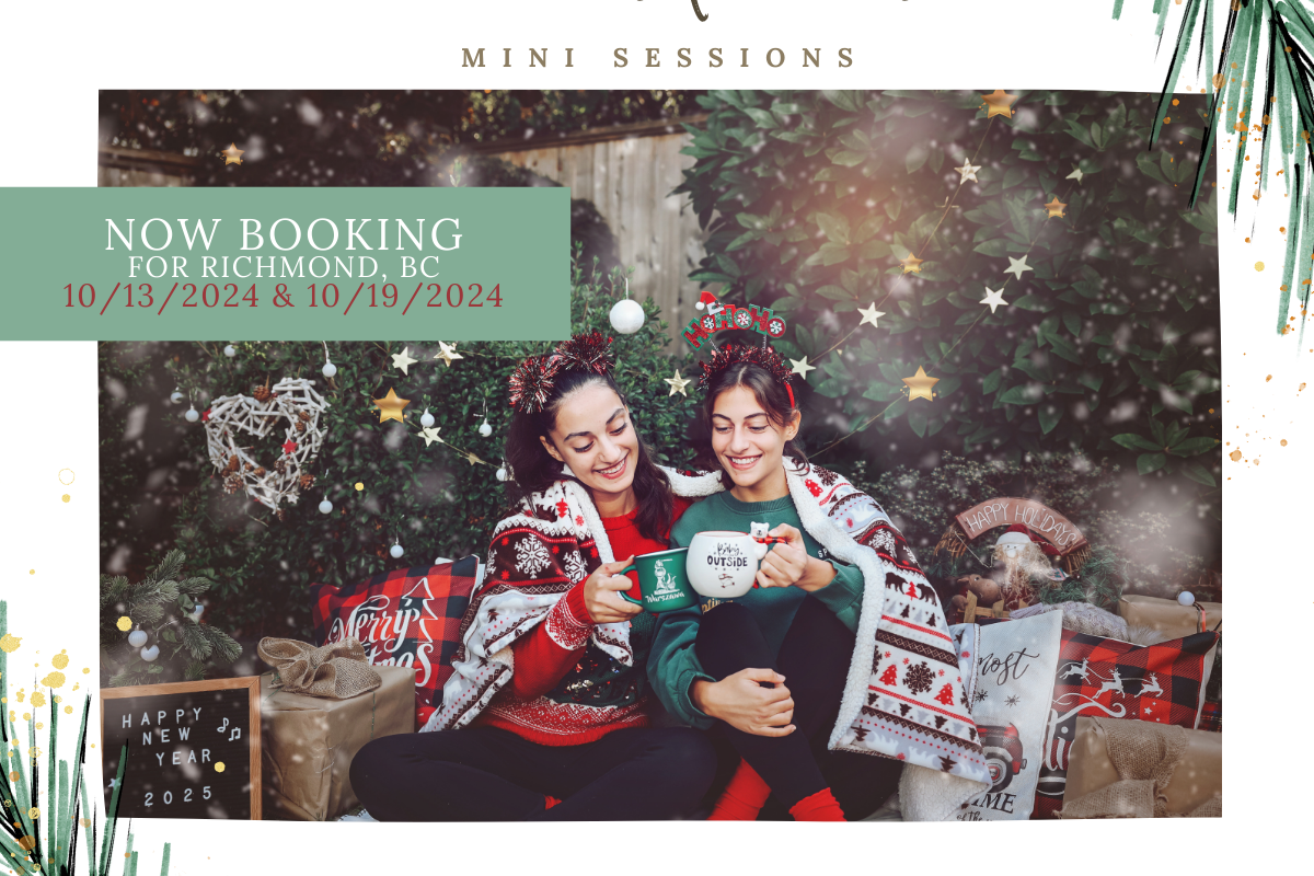 A holiday mini session advertisement featuring Christmas decor and cozy winter styling.