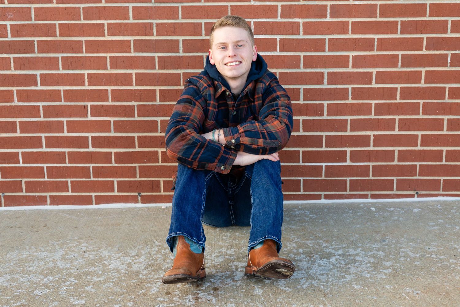 Person sitting on concrete against brick wall wearing plaid flannel shirt and jeans with brown boots.