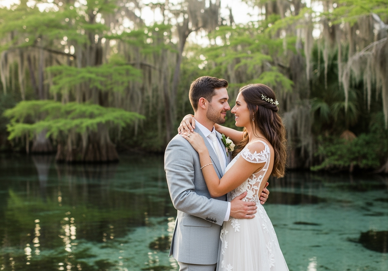 A romantic couple shares tender moments during their engagement photoshoot in a scenic cypress swamp setting.