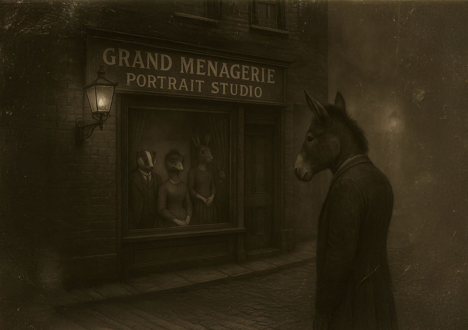 Fictional animal characters from literature and imagination are brought to life as anamorphic beings with an animal's head and a human body