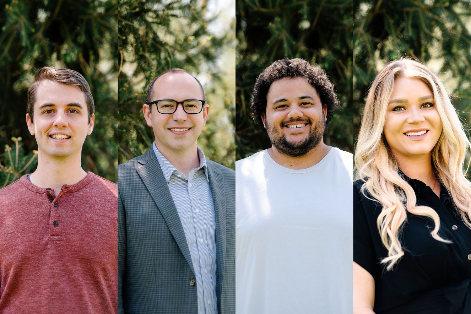 Four smiling professionals pose outdoors among green trees in a split portrait photo.
