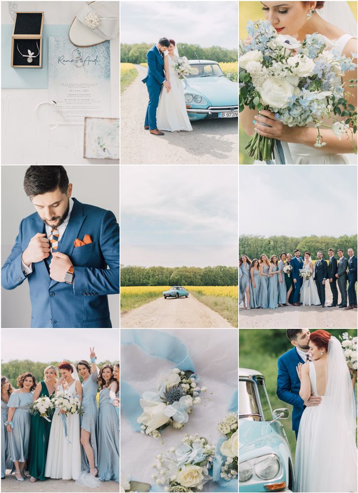 Wedding photo collage featuring blue and white color scheme with vintage car and floral details.