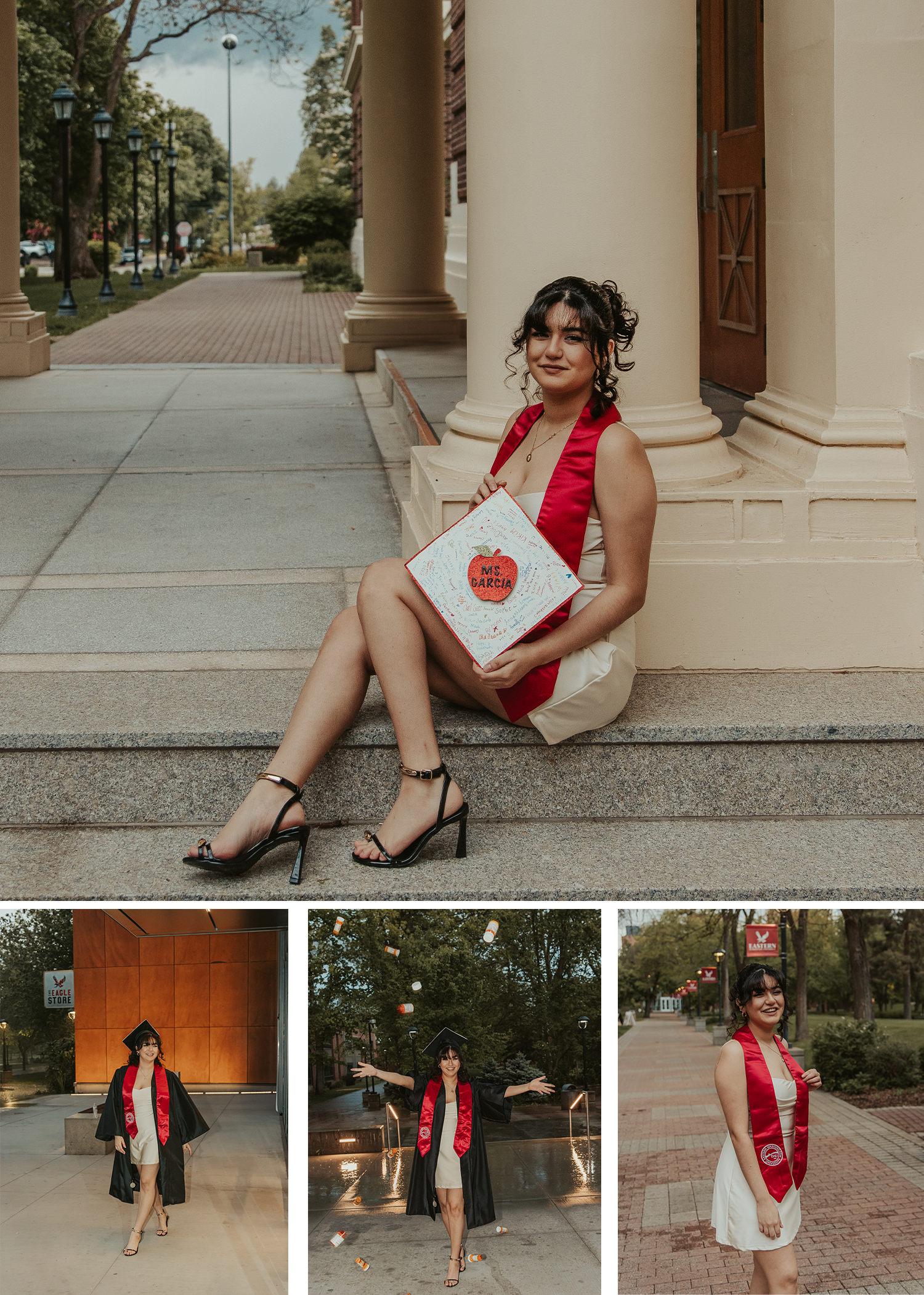 Eastern Washington University senior Laura poses in ivory dress and red stole near campus mall in Cheney, WA