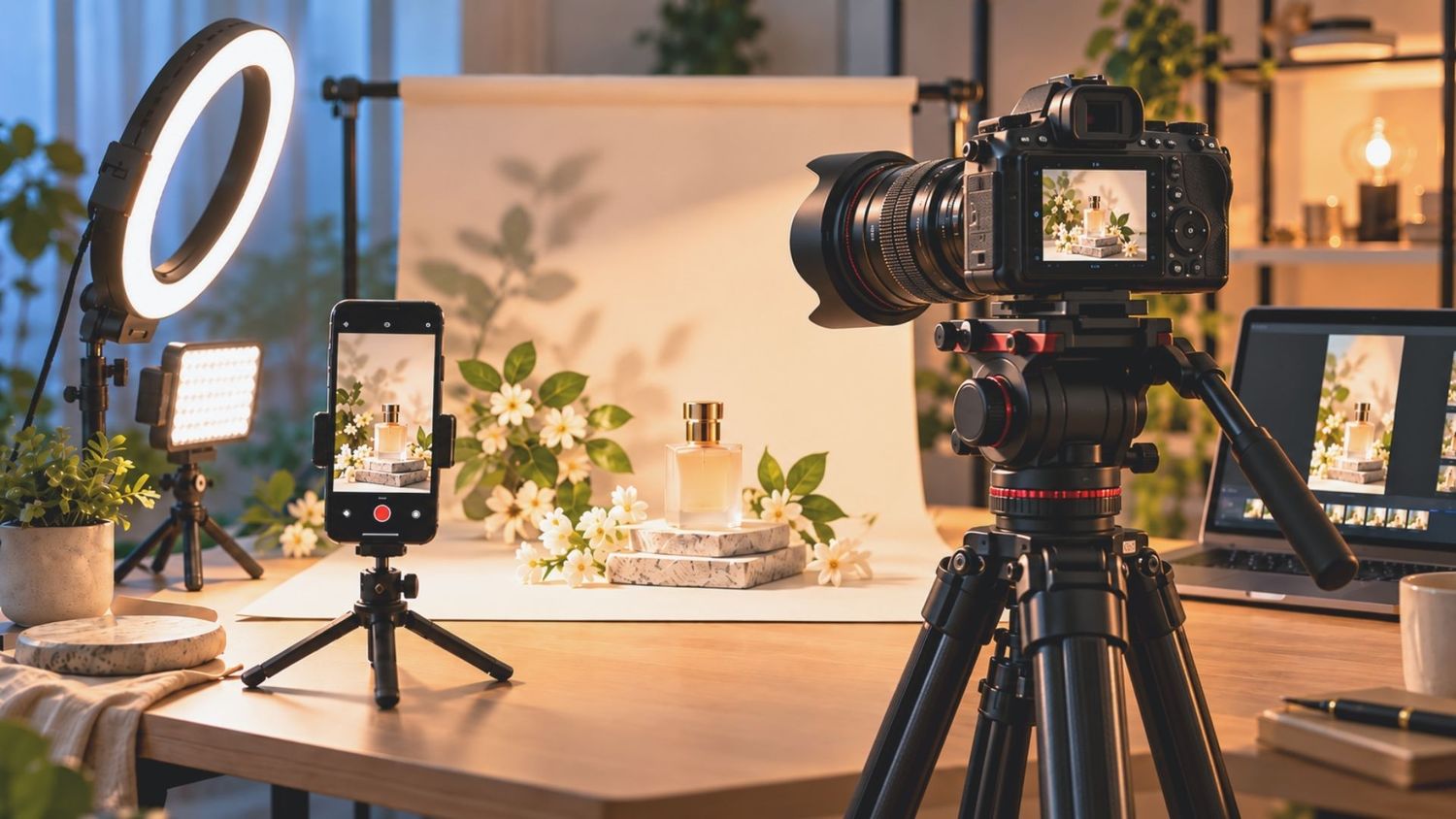 A professional content creator studio setup with ring light, smartphone, DSLR camera on tripods, and laptop on a wooden desk.
