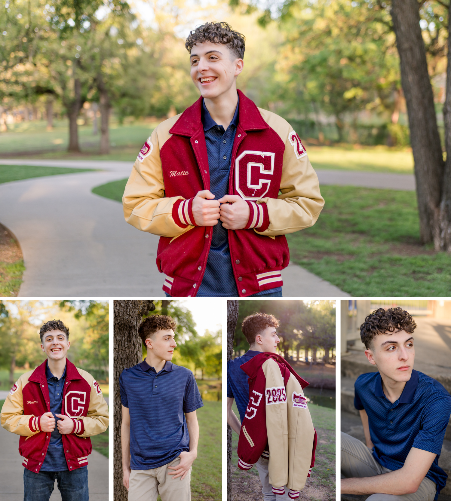 High school senior wearing red and tan varsity letterman jacket poses for outdoor portrait session in autumn park.