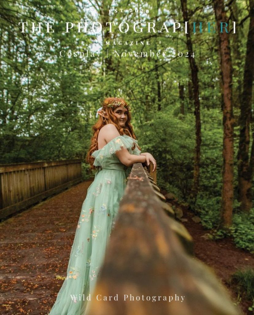 A dreamy portrait on a wooden bridge featuring a flowing mint green dress.