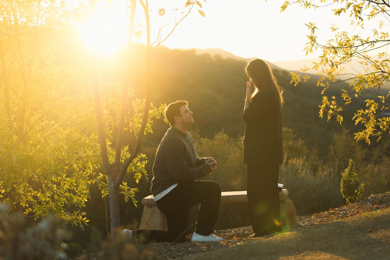 Surprise proposal at Meditation Mount in Ojai with a romantic sunset backdrop