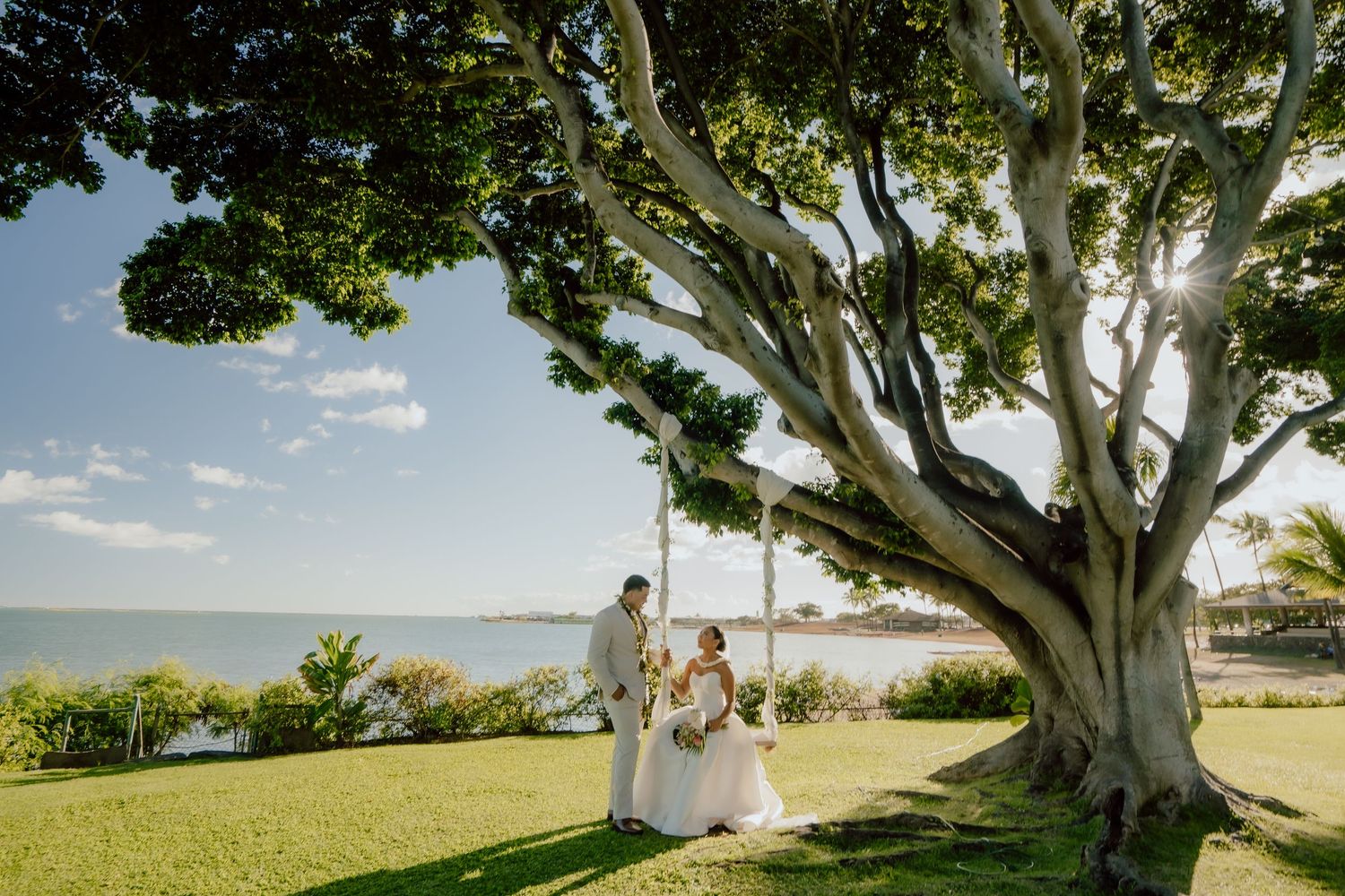Couple walking through scenic hilltop meadow with majestic trees creating natural archways during sunny day.